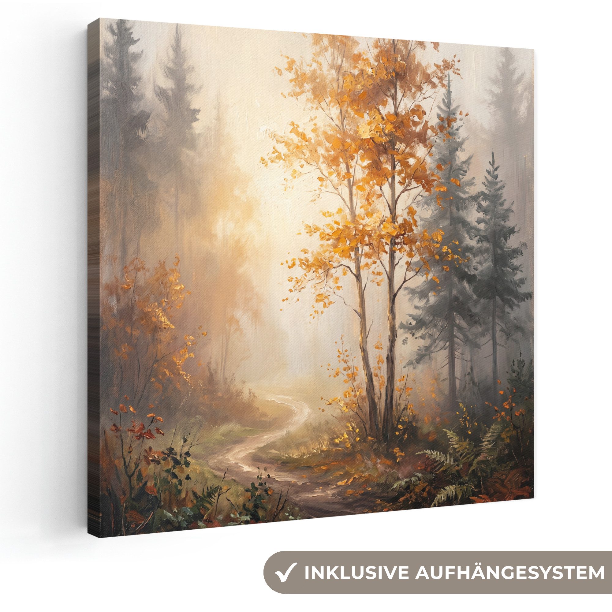 OneMillionCanvasses® Leinwandbild Waldweg - Herbstlaub - Natur - Landschaft - Orange, Fotodruck (1 St), Wandbild, Deko Schlafzimmer Wohnzimmer Flur 20x20 cm