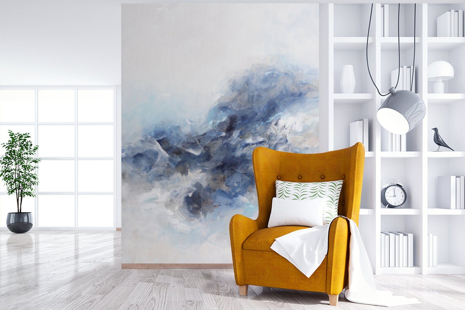 Matt, Farbe Wandtapete - MuchoWow Blau, (4 St), bedruckt, Wohnzimmer, - Montagefertig Abstrakt - Tapete Vinyl Malerei Fototapete für