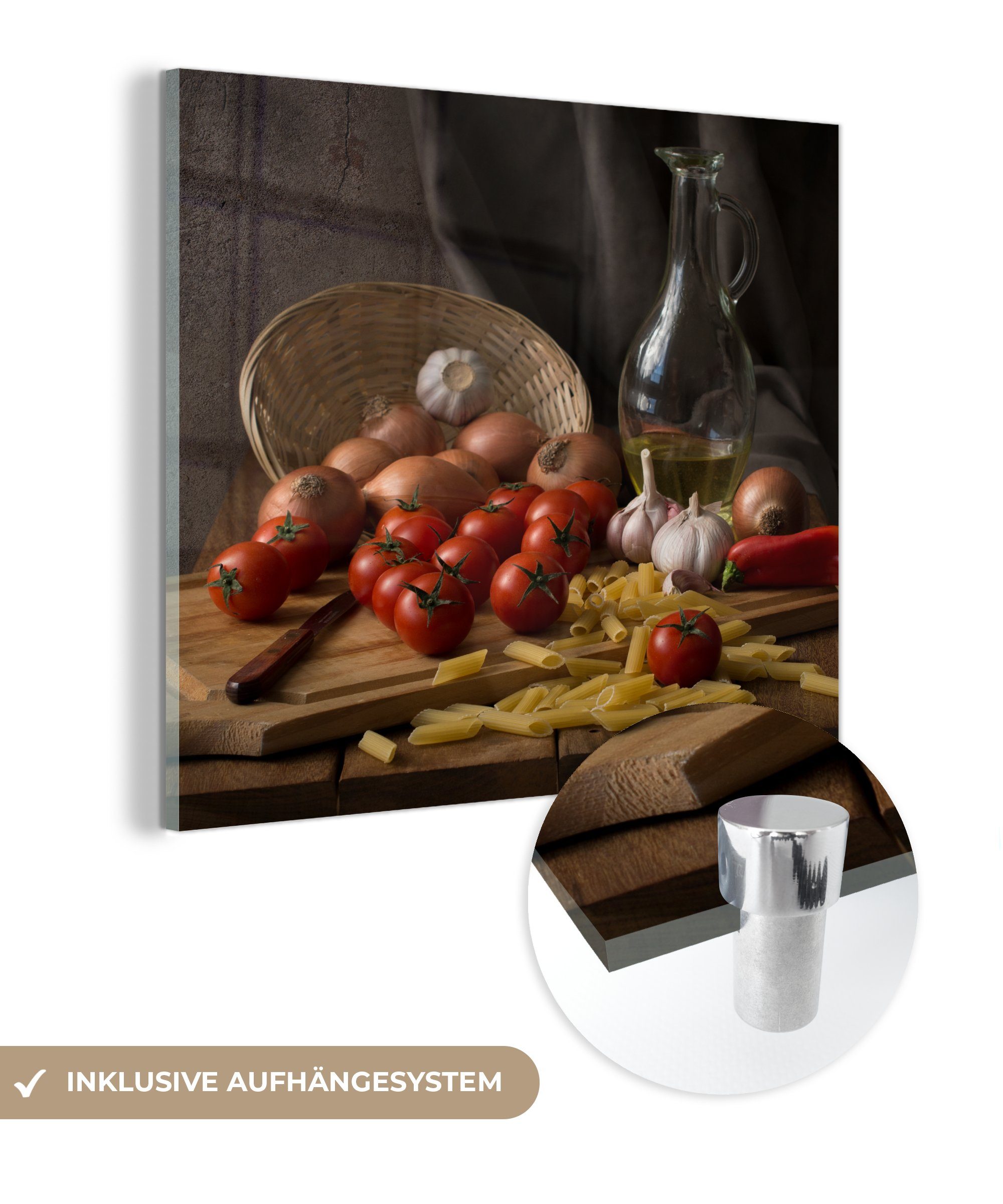 MuchoWow Acrylglasbild Schneidebrett - Gemüse - Stillleben - Pasta - Aus - Tomate -, (1 St), Glasbilder - Bilder auf Glas Wandbild - Foto auf Glas - Wanddekoration bunt