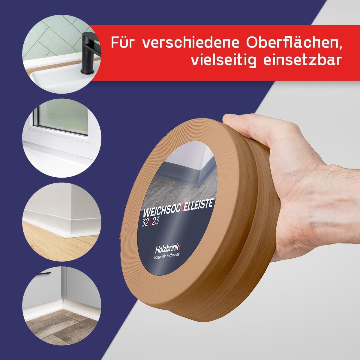HOLZBRINK Sockelleiste HOLZBRINK selbstklebend PVC 32x23mm, 1 m, L: 100 cm, 1m Rolle, Küchenleiste Abschlussleiste für Badezimmer Farbe: Eiche hell – Bild 4 von 5