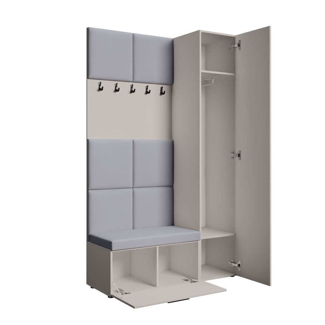 Beautysofa Garderoben-Set MARGARET mit Sitzbank, Kleiderhaken und eintürigem Kleiderschrank, (gepolsterten Paneelen, Höhe: 203 cm), verschiedene Farben und Breiten