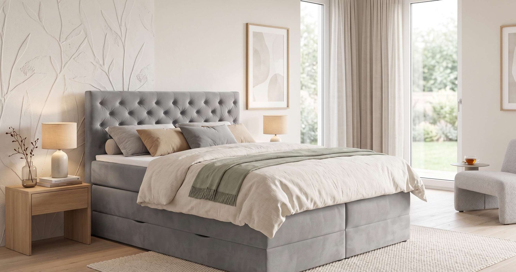 Home affaire Boxspringbett SELJORD mit Bettkasten, Matratze und Topper, Breite 160 oder 180 cm, Bonnell- oder Taschenfederkernmatratze (H2, H3, H4), mit Knopfheftung