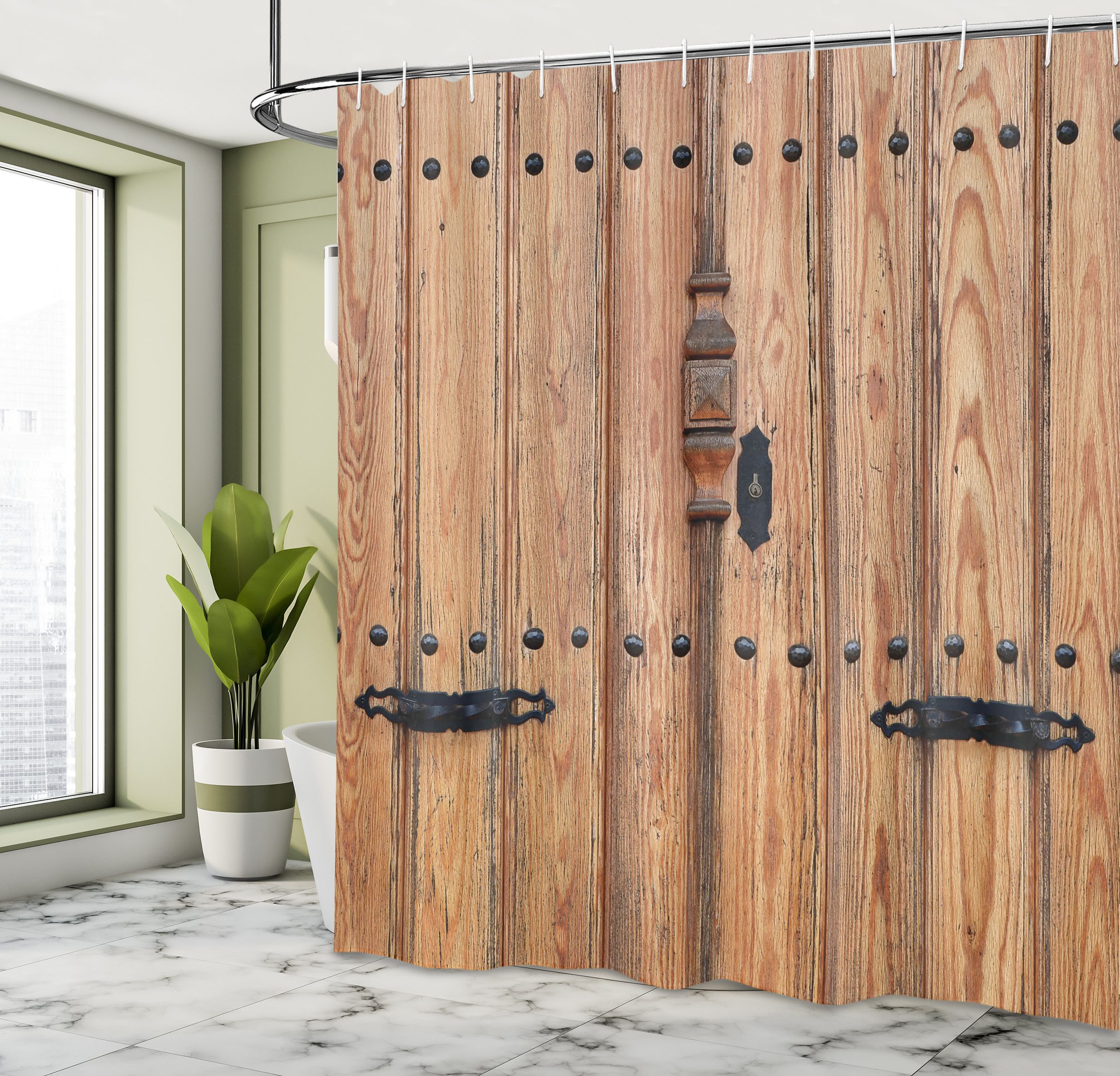 Abakuhaus Duschvorhang Moderner Digitaldruck mit 12 Haken auf Stoff Wasser Resistent Breite 175 cm, Höhe 180 cm, Hölzern Tür mit Eisen Detail