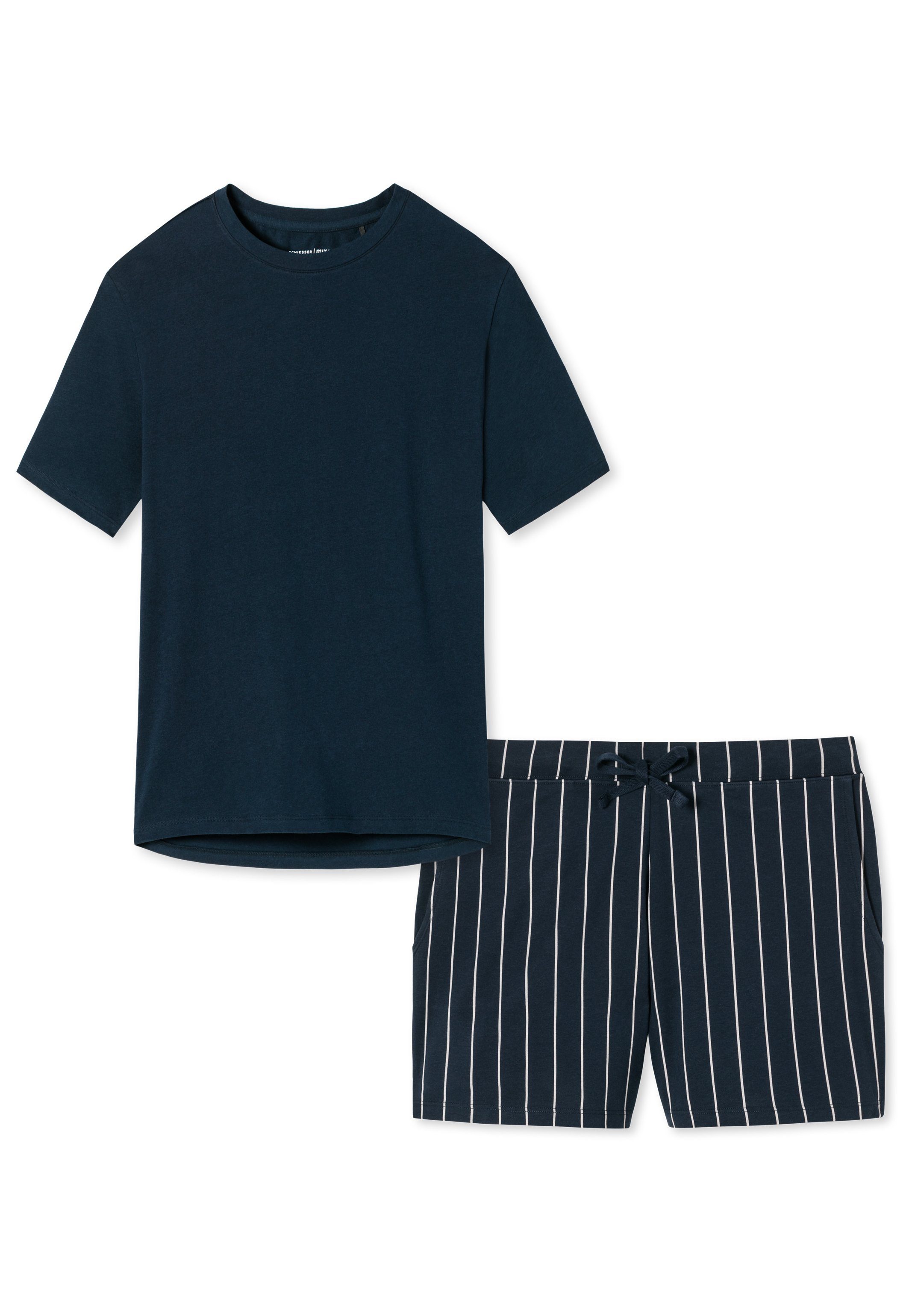 - Cotton gestreift 2 / - Schlafanzug Dunkelblau Schiesser Organic Baumwolle tlg) Blau (Set, Pyjama