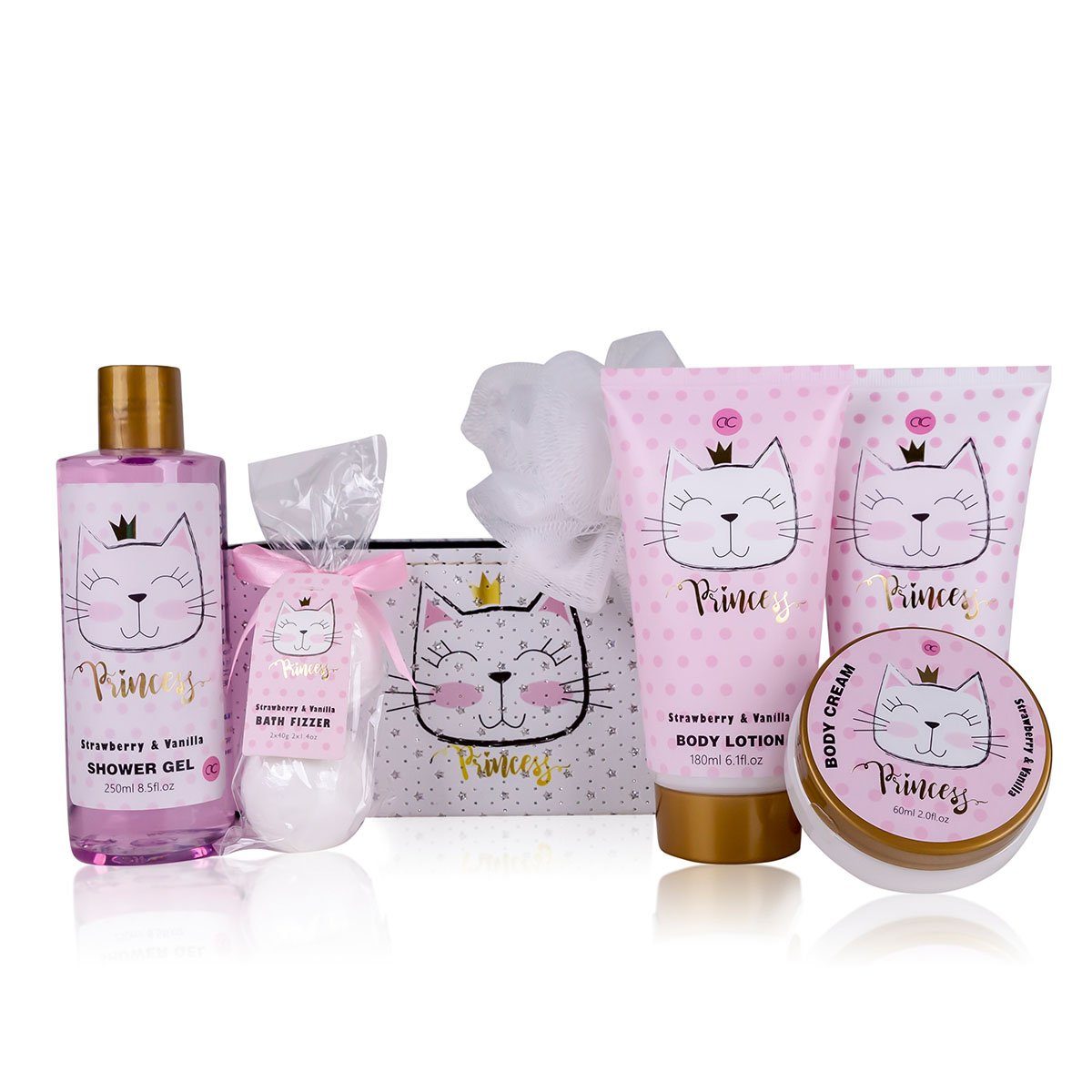 ACCENTRA Pflege-Geschenkset "Princess Kitty" Geschenkset für Kids & Teens im Deko-Körbchen, 7-tlg., mit Aufbewahungsbox im Kätzchen-Design