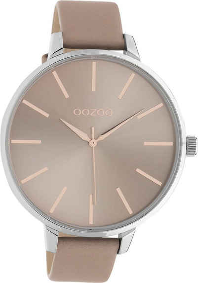 OOZOO Quarzuhr Oozoo Damen Armbanduhr pinkgrau Analog, Damenuhr rund, extra groß (ca. 48mm) Lederarmband, Fashion-Style