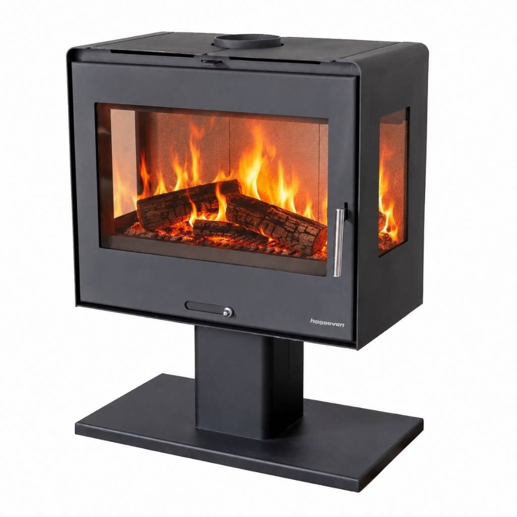 Hosseven Kaminofen Holzofen Wohnzimmer Holzkamin 5071 Panorama 3 Seiten Glas 10 kW Holz