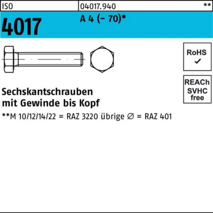 Bufab Sechskantschraube 100er Pack Sechskantschraube ISO 4017 VG M18x 80 A 4 (70) 1 StückIS