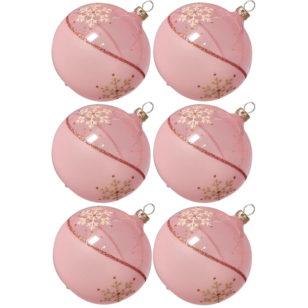 Thüringer Glasdesign mundgeblasen, (6 Kristallwelle Weihnachtskugel-Set Weihnachtsbaumkugel St), handdekoriert rosa