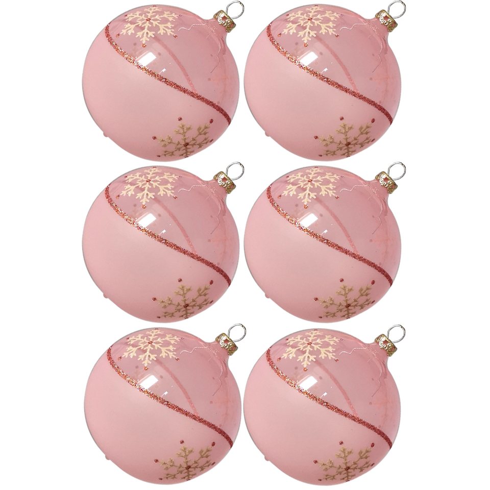 Thüringer Glasdesign Weihnachtsbaumkugel Weihnachtskugel-Set Kristallwelle  rosa (6 St), mundgeblasen, handdekoriert