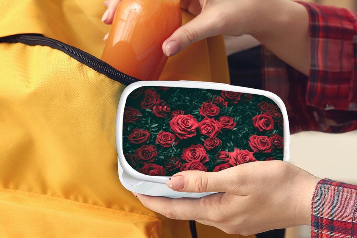 MuchoWow Lunchbox Rosen - Blumen Mädchen Kinder Rot, - für für und Brotdose, (2-tlg), und Erwachsene, Jungs Brotbox weiß Kunststoff