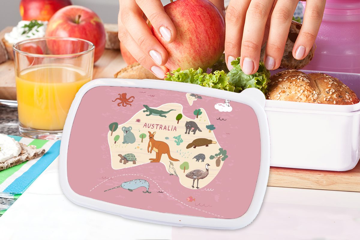 MuchoWow Lunchbox Mädchen Kinder und Kinder Jungs - Australien - - Kunststoff, Kinder, und - Erwachsene, - Mädchen Brotdose, für Weltkarte weiß Brotbox (2-tlg), für Tiere