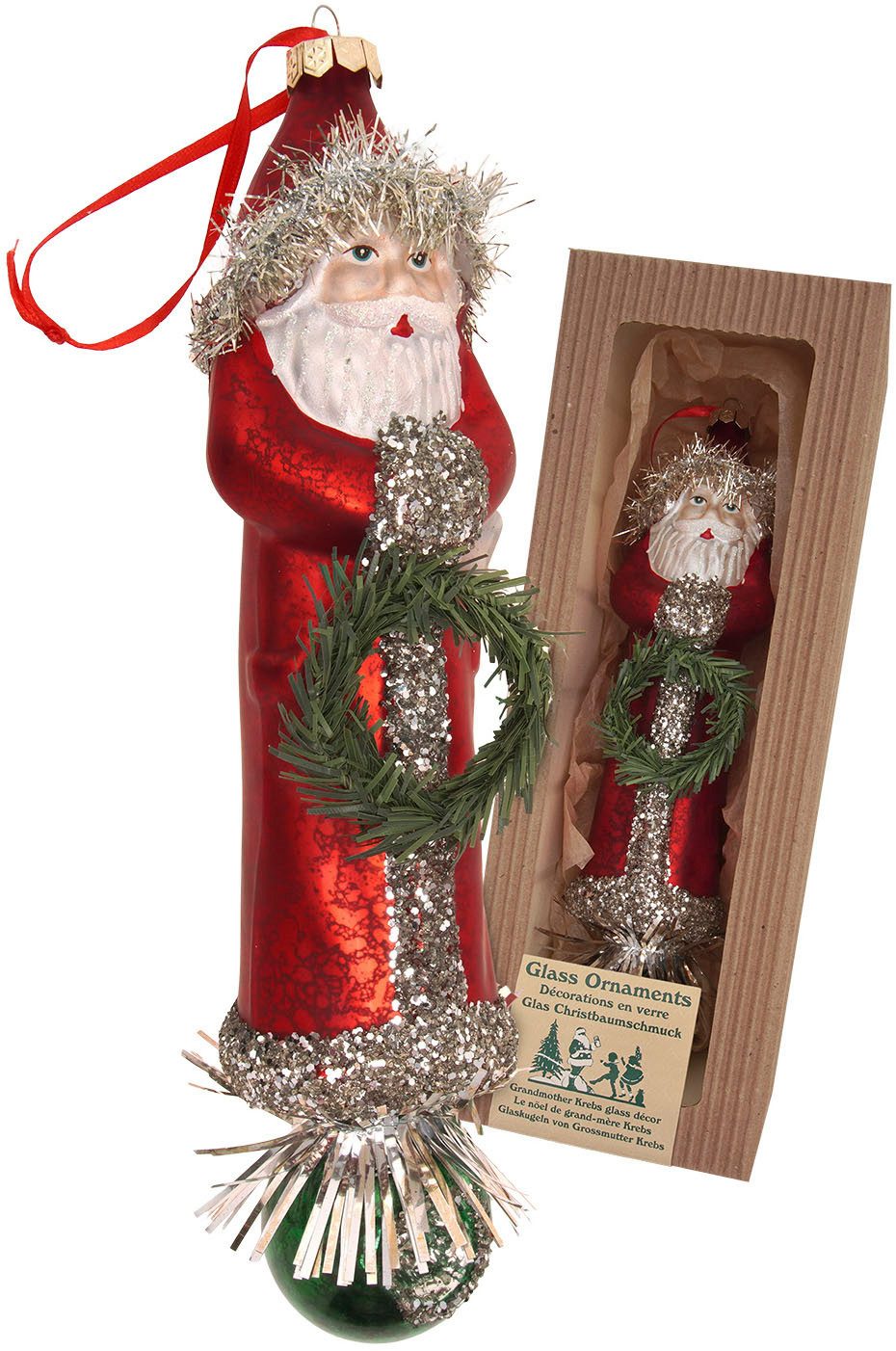 Krebs Glas Lauscha Weihnachtsbaumkugel Baumschmuck Santa nostalgisch Kranz und Reflektor rot 25cm, Dekoriert mit Liebe zum Detail
