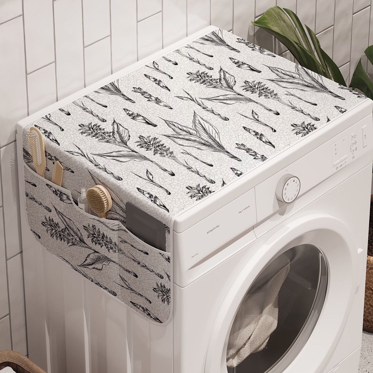 Abakuhaus Badorganizer Anti-Rutsch-Stoffabdeckung für Waschmaschine und Trockner, Skizzieren Kunstwerk von Kurkuma Pflanzen