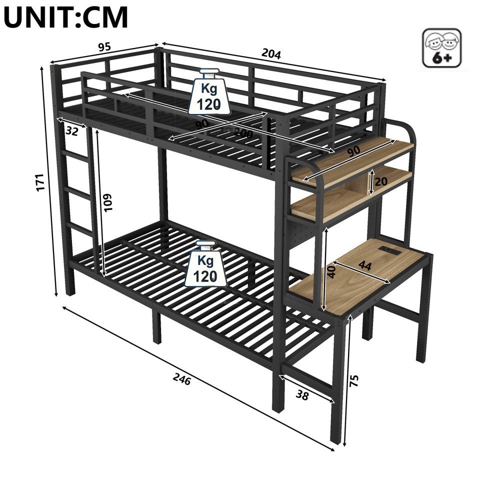 TavilaEcon Etagenbett mit Eisenrahmen, Ablagefach, Schreibtisch und LED-Lichtleisten (1-St), mit Eisenrahmen und MDF, 90 x 200cm, schwarz – Bild 4 von 5
