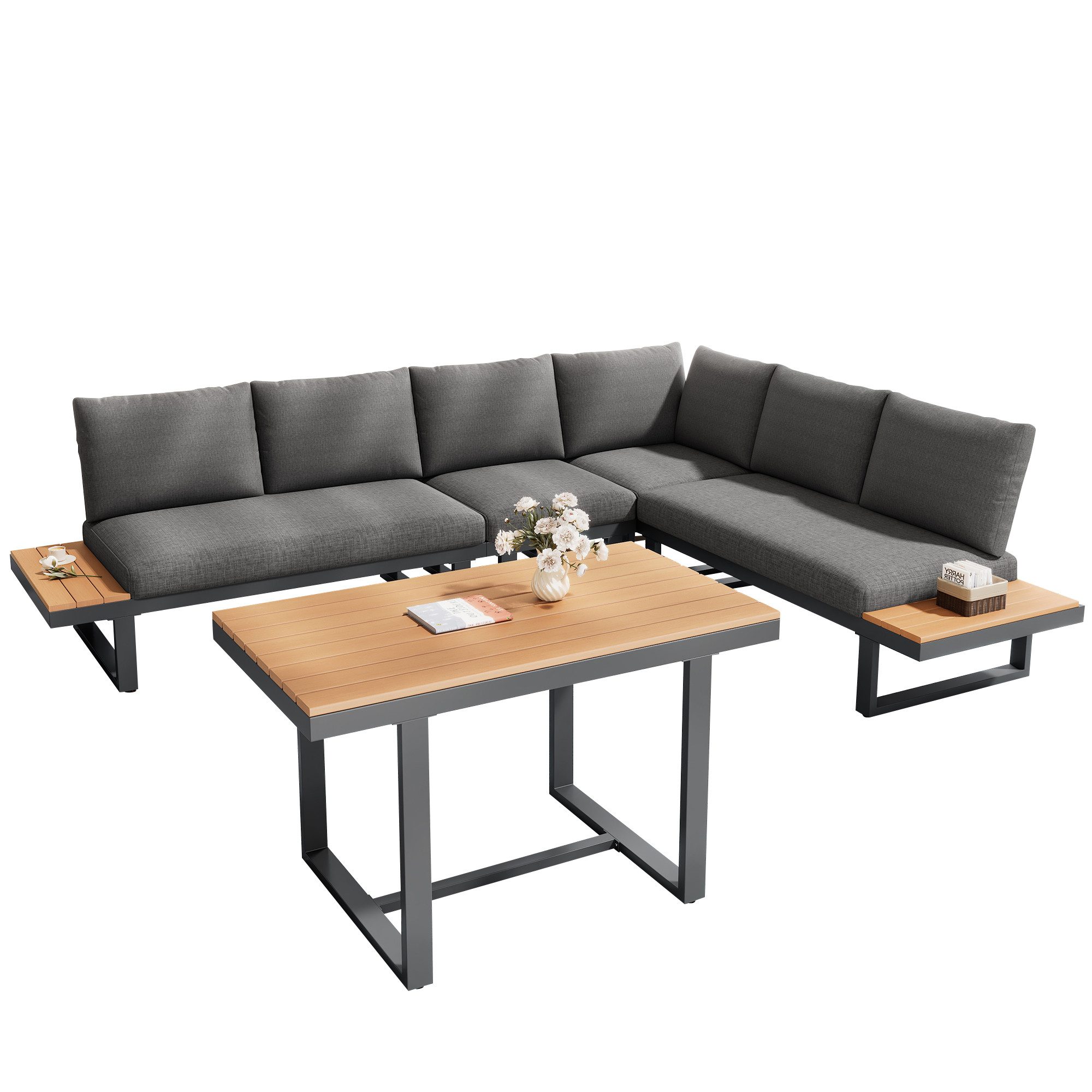 HAUSS SPOLE Gartenlounge-Set mit verstellbarer Neigefunktion (5-stufig, bis 55), mit Esstisch grau, (Garten-Lounge-Set, Gartenmöbel-Set, Outdoor-Sofa-Set, Balkonset, 5-tlg., für Familie und Freunde), mit Ablagefächern, wetterfester Tisch, flexibel anpassbar