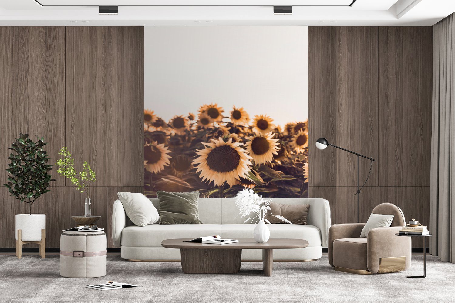 MuchoWow Fototapete Sonnenblumen - St), Wandtapete Tapete - für Matt, bedruckt, Vinyl Feld Montagefertig Blumen Gelb, - - Sonnenuntergang Wohnzimmer, (4