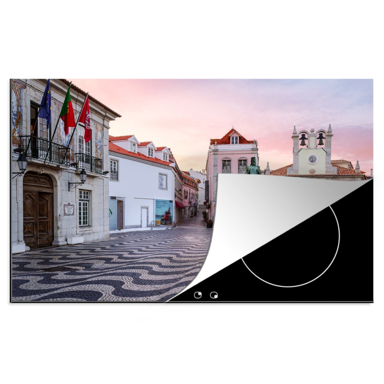 MuchoWow Herdblende-/Abdeckplatte Platz - Lissabon - Sonnenuntergang, Vinyl, (1 tlg), 81x52 cm, Induktionskochfeld Schutz für die küche, Ceranfeldabdeckung