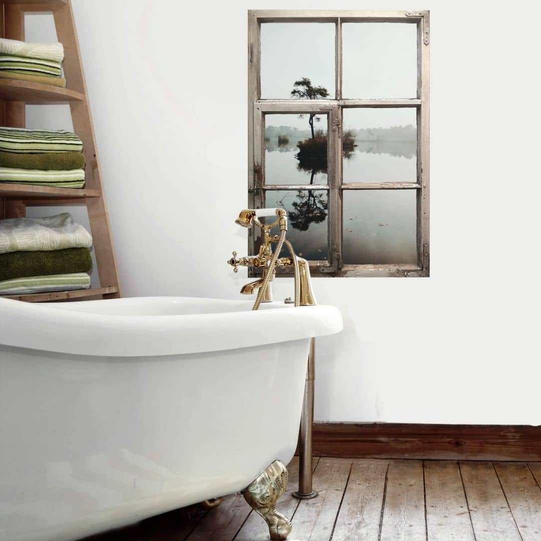 K&L Wall Art Wandtattoo 3D Wandtattoo Wellness Aufkleber Baum am See Reflektion Feng Shui Deko, Holzfenster Wandbild selbstklebend