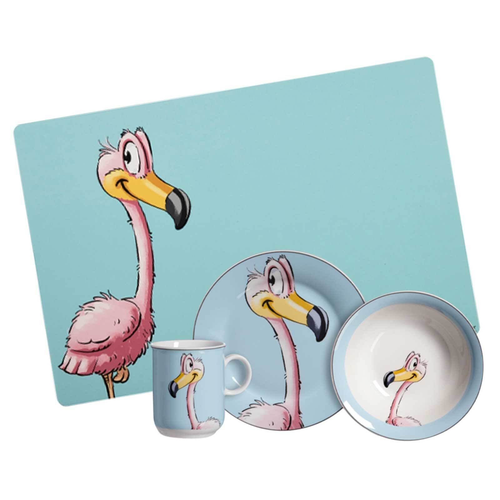 Ritzenhoff & Breker Kindergeschirr-Set Happy Zoo Kindergeschirr + Tischmatte 4er Set (4-tlg), Porzellan Flamingo