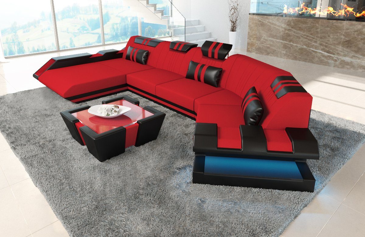 Sofa Dreams wahlweise Schlafsofa, C LED, Couch Designersofa Stoffsofa Bettfunktion als Sofa, Polster mit Sofa Rot-Schwarz C134 Stoff Apollonia mit Form Wohnlandschaft
