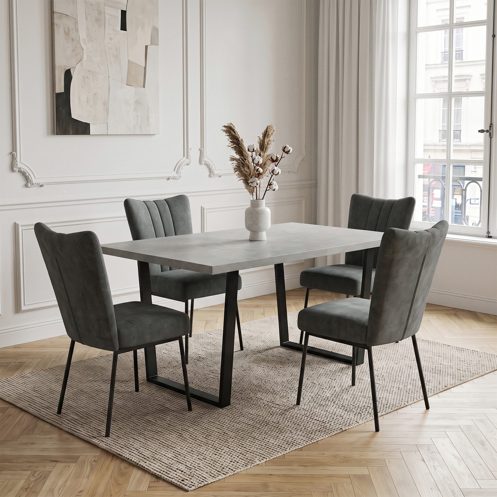 Jiexi Essgruppe Essgruppe 110x70 MDF Tisch mit Samtstühlen U-Metallgestell