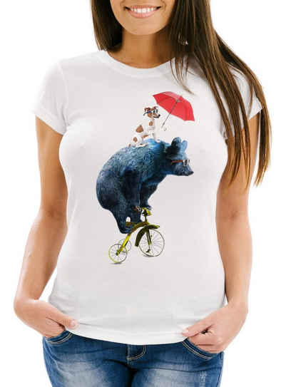 MoonWorks Print-Shirt Lustiges Damen T-Shirt Tiermotiv Bär auf Rad Slim Fit Moonworks® mit Print