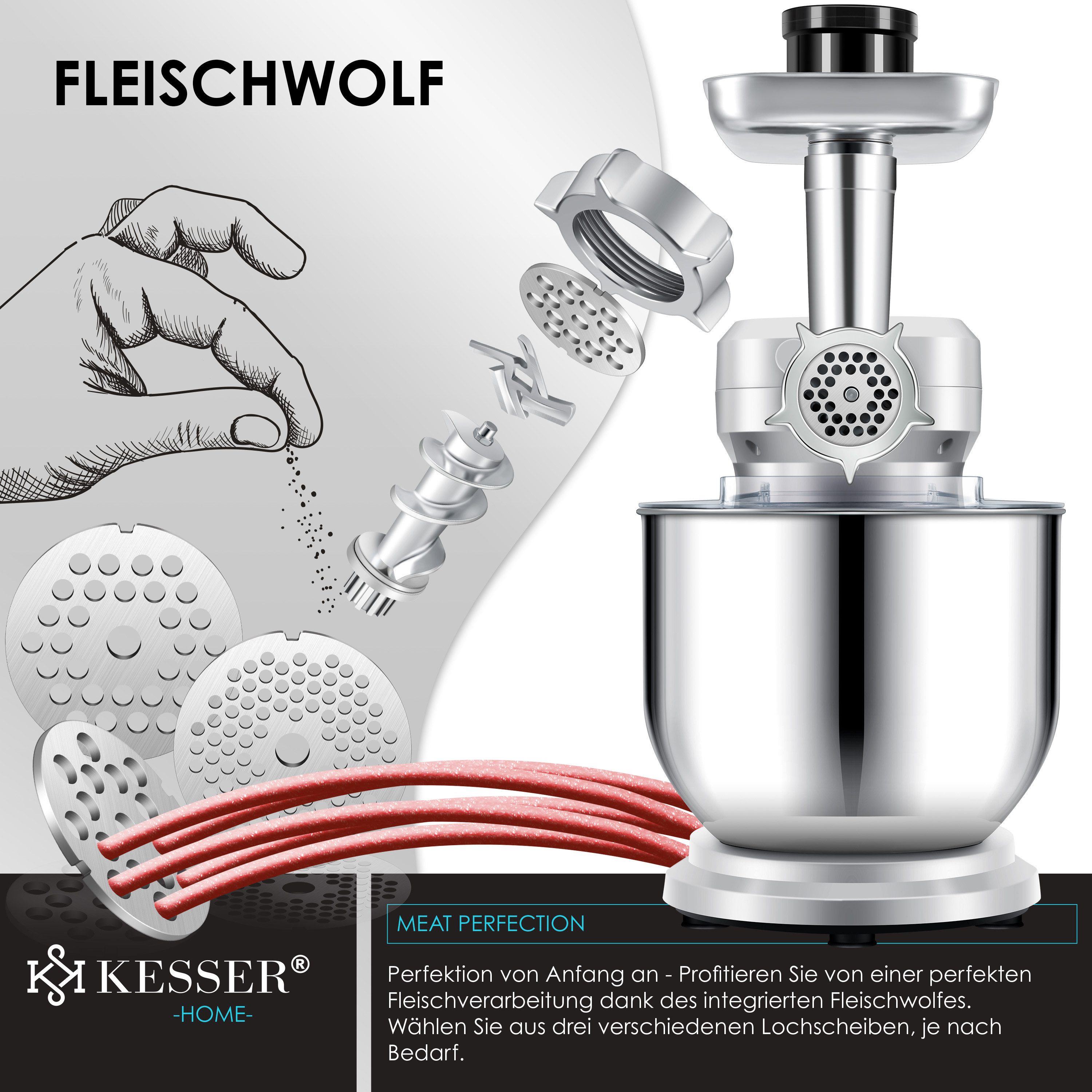 KESSER Küchenmaschine, Universal Küchenmaschine K-KM 3000 mit Fleischwolf Knetmaschine 5,5L