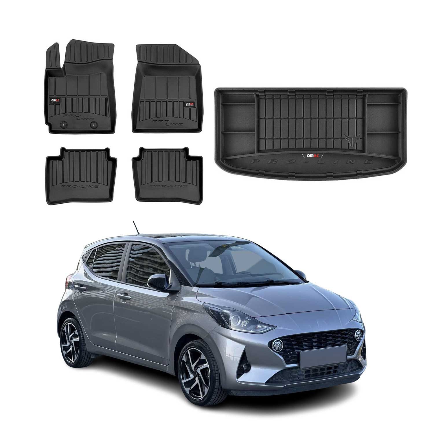 Auto-Fußmatten Kofferraumwanne Set für Hyundai i10 2019-2025 Gummi Schwarz 5x