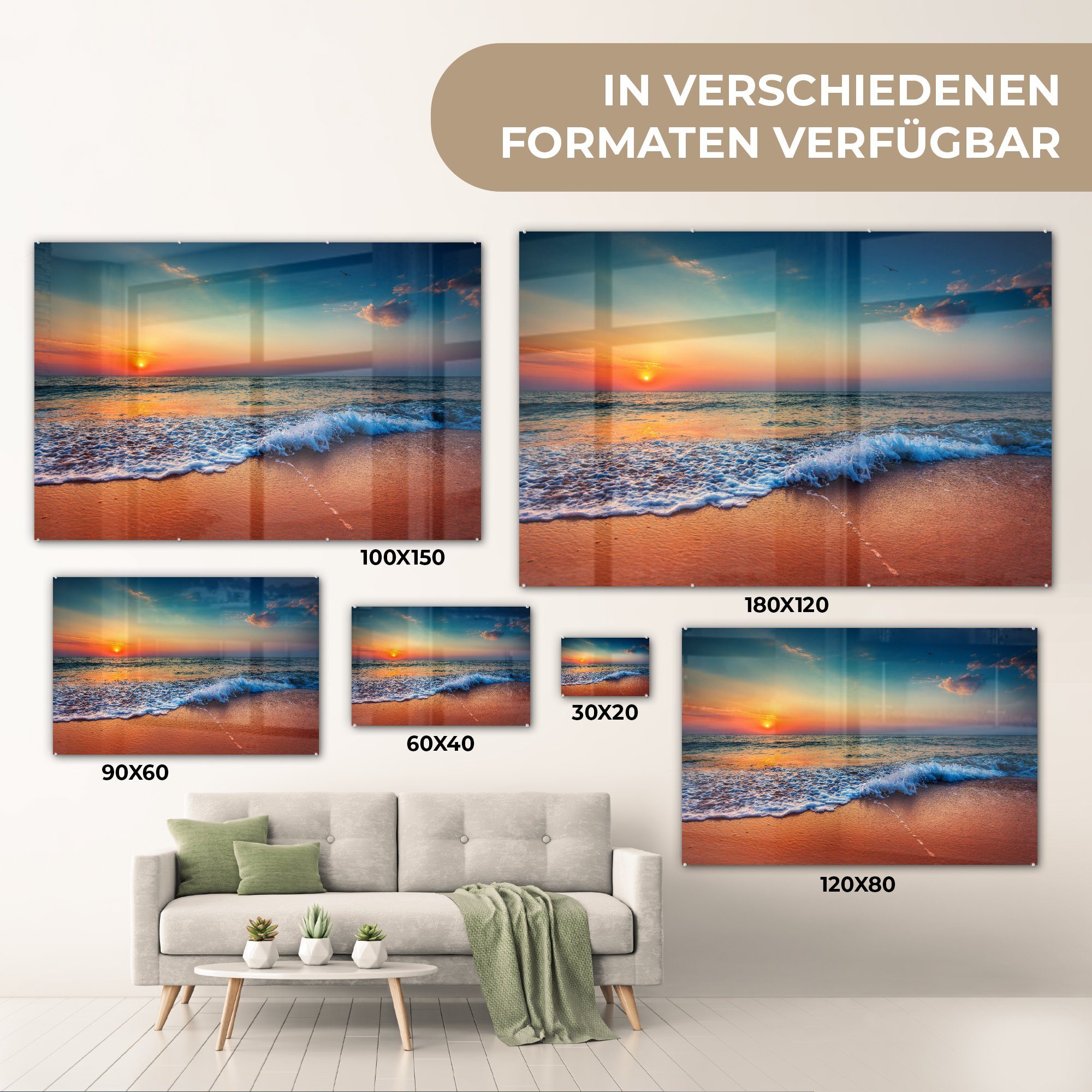 & Acrylglasbilder Acrylglasbild Meer Strand, MuchoWow Sonnenuntergang (1 Wohnzimmer - St), Schlafzimmer -