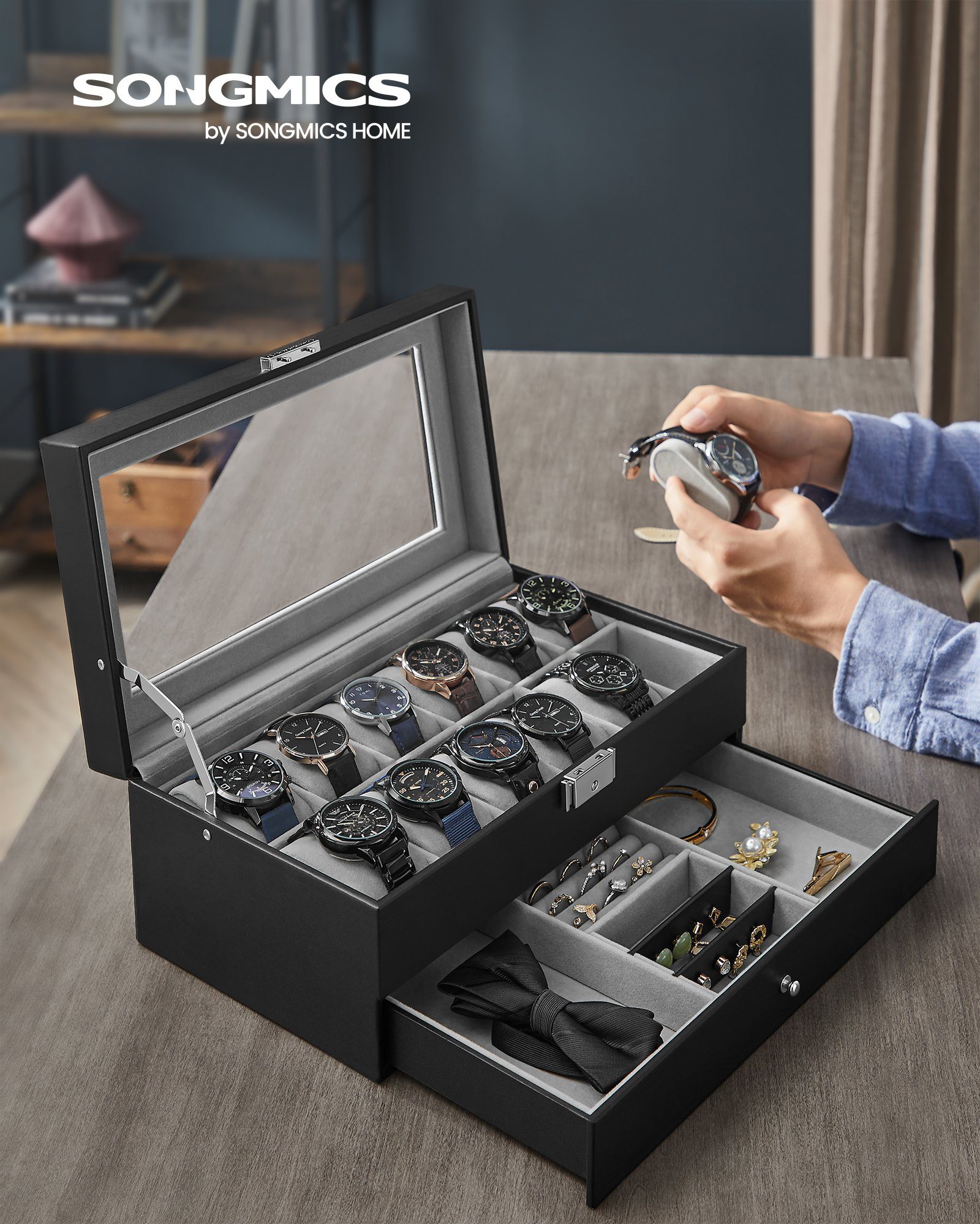 SONGMICS Uhrenbox Uhrenkoffer, Glasdeckel, 2-stöckige, abschließbar, Ringe, Armbänder, 12 Uhren, 1 Schublade, schwarze Beschichtung und graues Futter