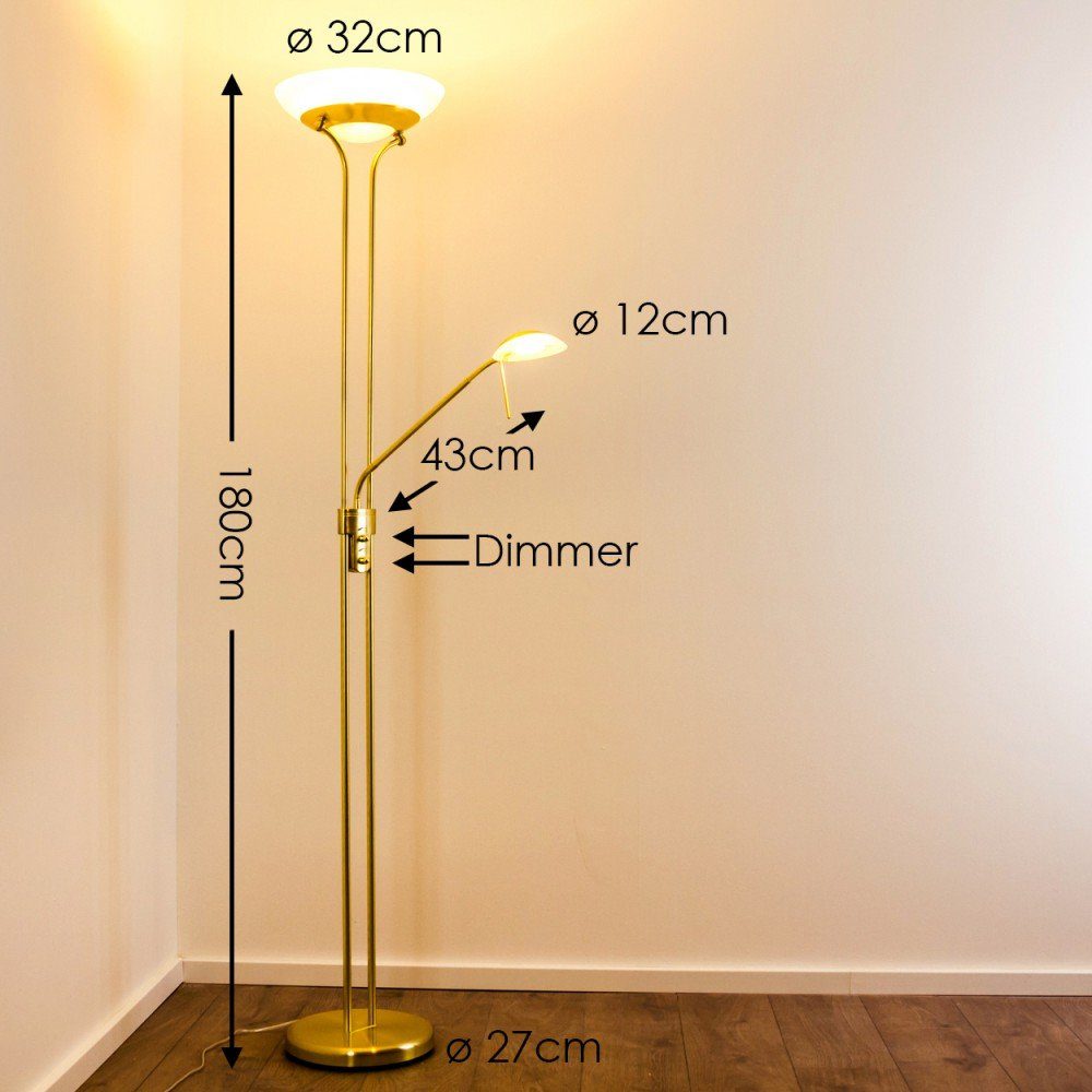 hofstein Deckenfluter »Lainate« moderne Stehleuchte aus Metall/Glas in Messing, 3000 Kelvin, 1620Lumen, Standleuchte,Dimmer u. verstellbarem Lesearm, Fußschalter
