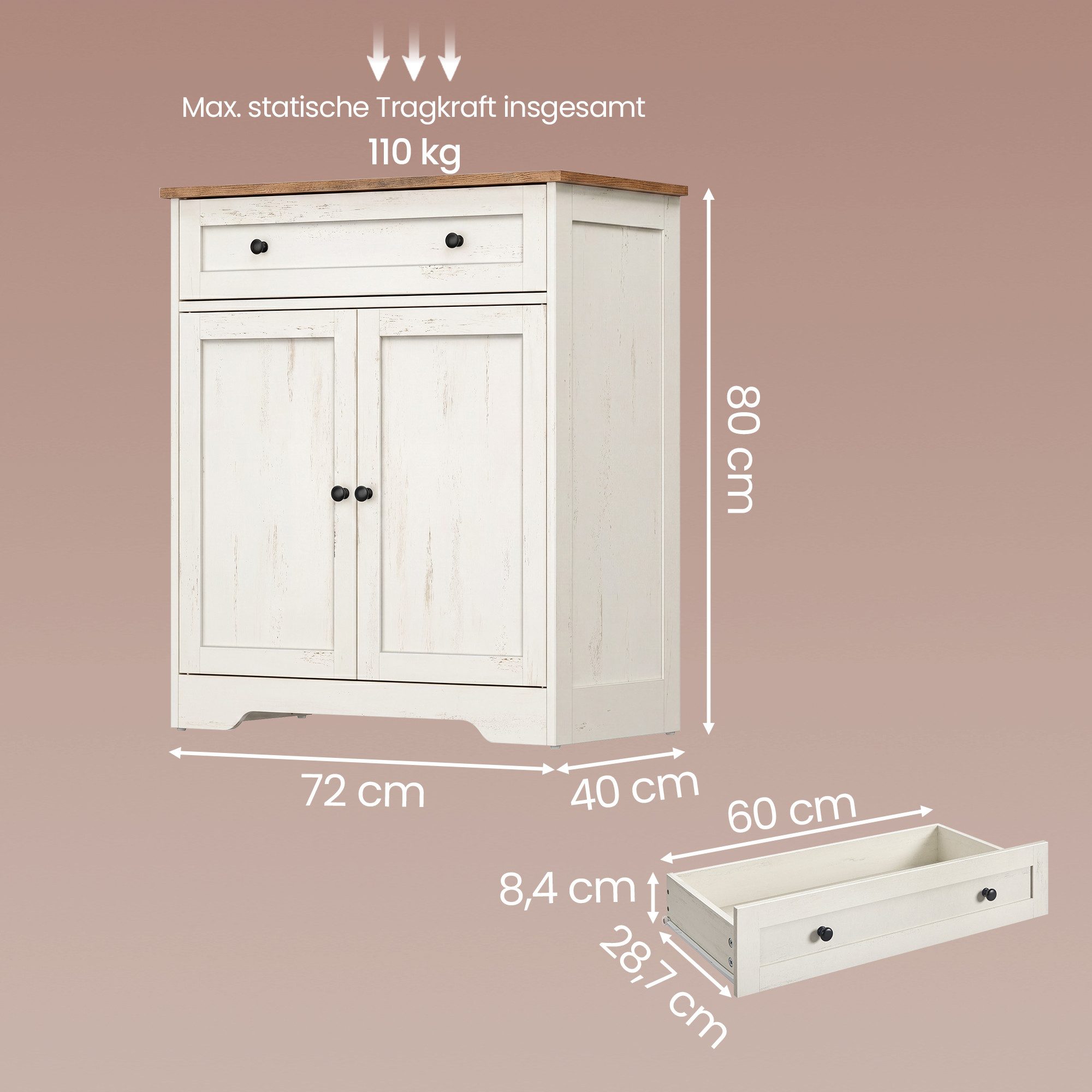 VASAGLE Buffet Aufbewahrungsschrank, Küchenschrank im Landhausstil, Sideboard Küchenschrank im Landhausstil mit Schublade