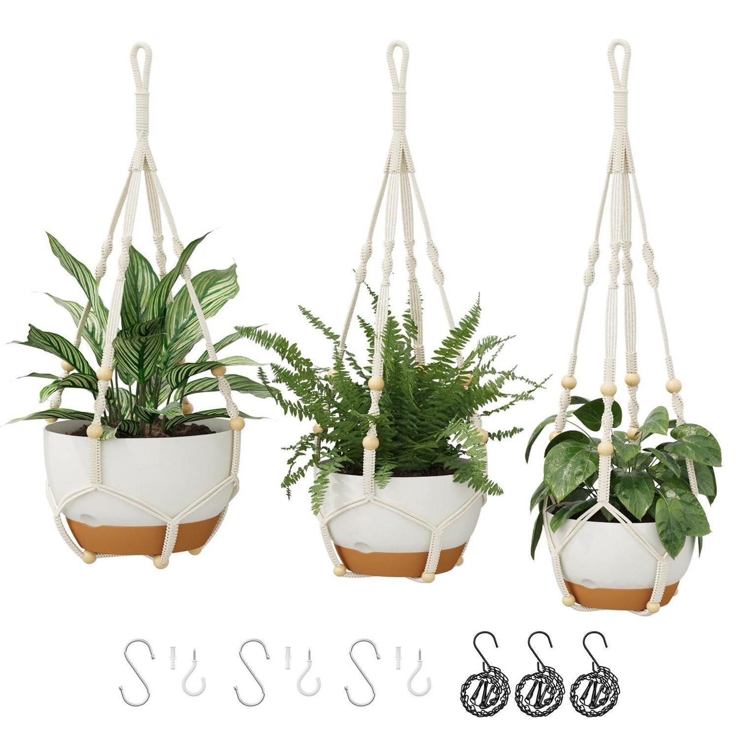 LuxusKollektion Blumenampel Blumenampeln Makramee 3er Set Selbstbewässerung Weiß, Pflanzenampel