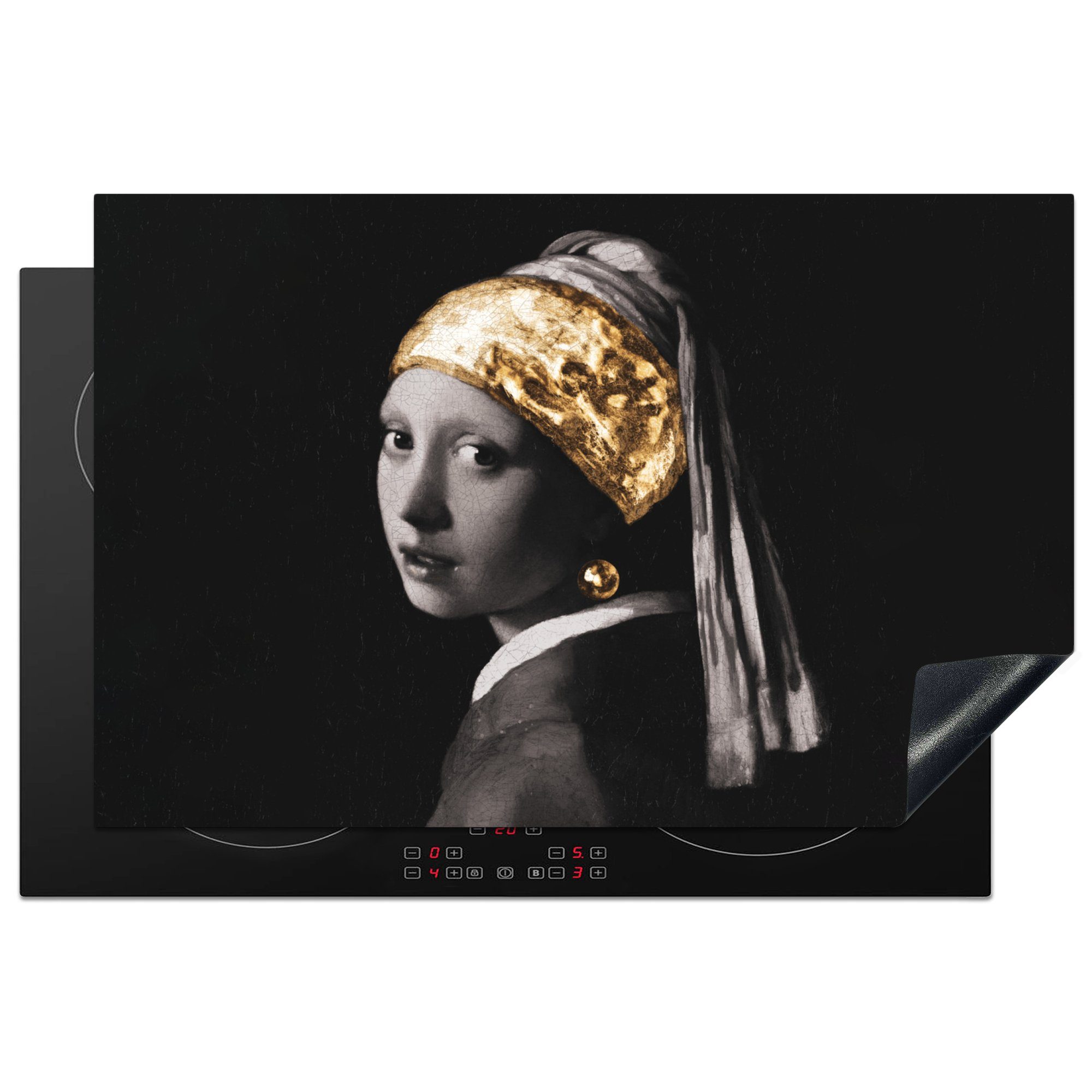 MuchoWow Herdblende-/Abdeckplatte Mädchen mit Perlenohrring - Vermeer - Gold - Schwarz - Weiß, Vinyl, (1 tlg), 81x52 cm, Induktionskochfeld Schutz für die küche, Ceranfeldabdeckung