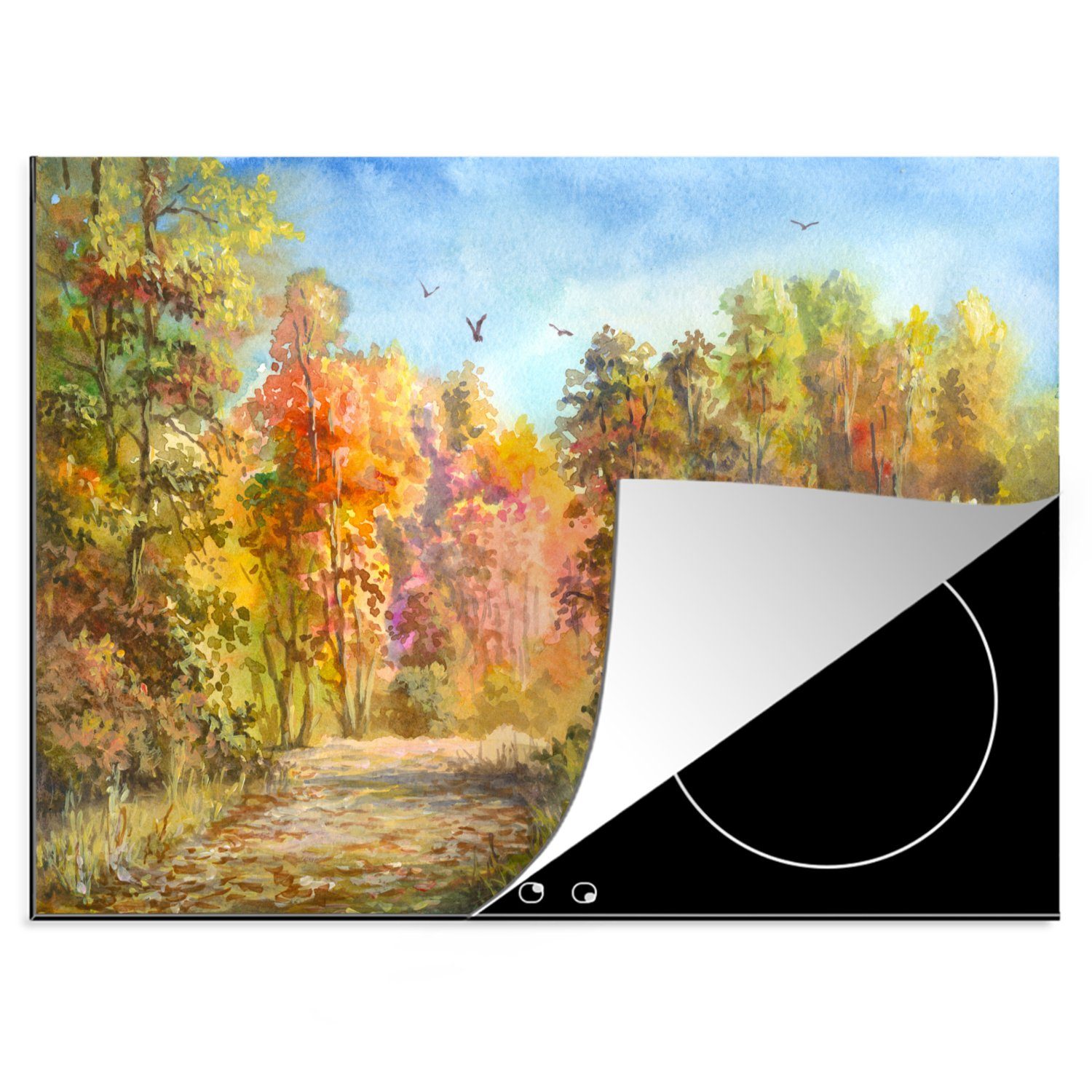 MuchoWow Herdblende-/Abdeckplatte Aquarell - Herbst - Wald, Vinyl, (1 tlg), 70x52 cm, Mobile Arbeitsfläche nutzbar, Ceranfeldabdeckung