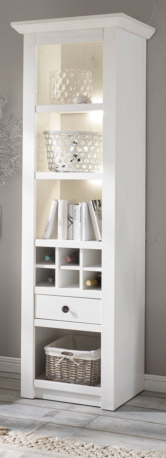 Furn.Design Standregal Hooge, Regalschrank in weiß Pinie Landhaus, 56 x 207 cm, mit Flaschenregal