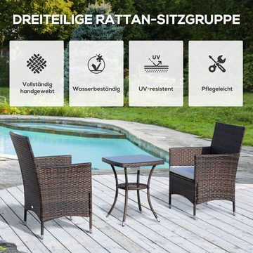 Outsunny Sitzgruppe Rattan Gartenmöbel mit Beistelltisch Braun 60 x 58,5 x 89,5 cm, (Set, 3-tlg., Gartenmöbel Set), Polyrattan + Metall