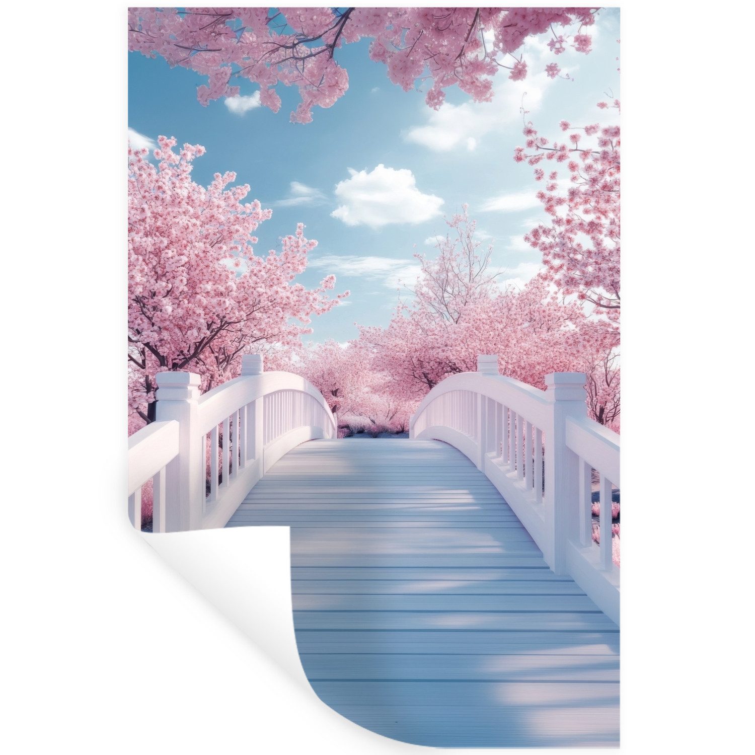 MuchoWow Wandsticker Brücke - Kirschbäume - Weiß (1 St), Wandaufkleber, Selbstklebend, Wohnzimmer, 20x30 cm
