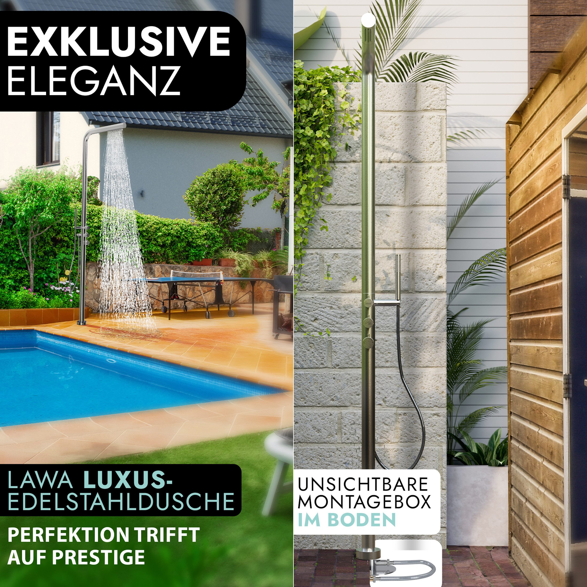 LAWA Living and Lifestyle Gartendusche V2A / 304 Edelstahl Außendusche rostfrei Warmwasser und Kaltwasser (2 Anschlüsse, gebürstet, restentleert - winterfest), Pooldusche Sauna mit Handbrause