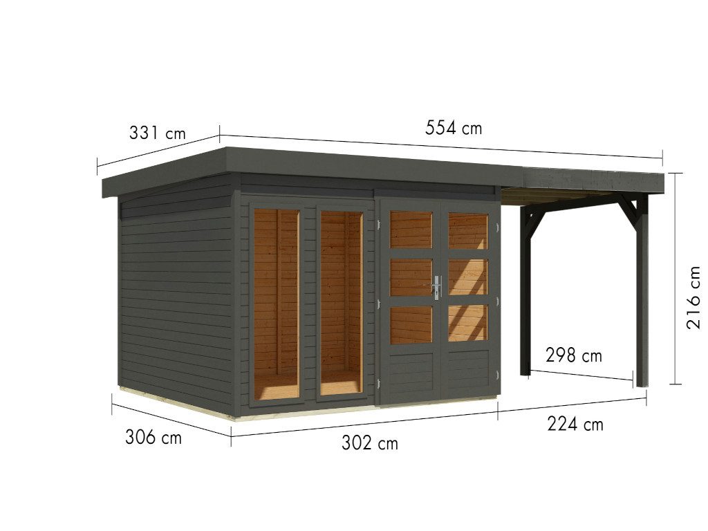 Karibu Gartenhaus Gartenhaus Baraya 6 19 mm terragra inkl. 2,4 m Anbaudach, BxT: 554x331 cm, Anbaudach, 19 mm Wandstärke