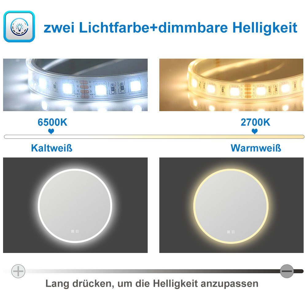 duschspa Badspiegel Rund dimmbar Kalt/Warmweiß, Beschlagfrei, Spiegel Touch