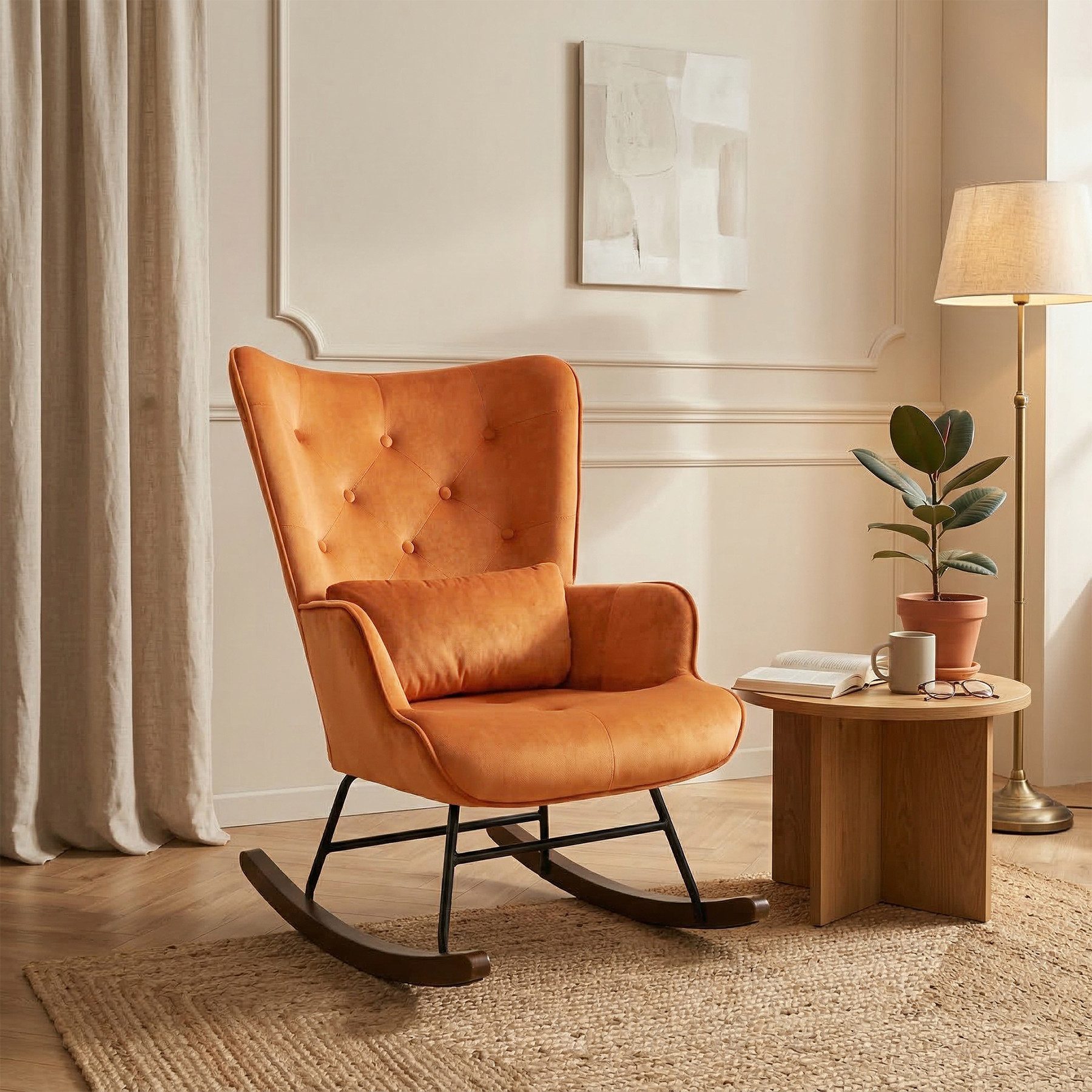 HomeMiYN Schaukelstuhl HOMEMiYN Schaukelstuhl Wohnzimmer mit Metallgestell und Holzsockel, Aus holz