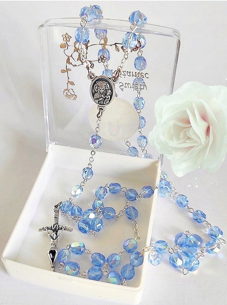 Festivalartikel Schmuckset Rosenkranz Kommunion Blau Kristall Medaille Kreu günstig online kaufen