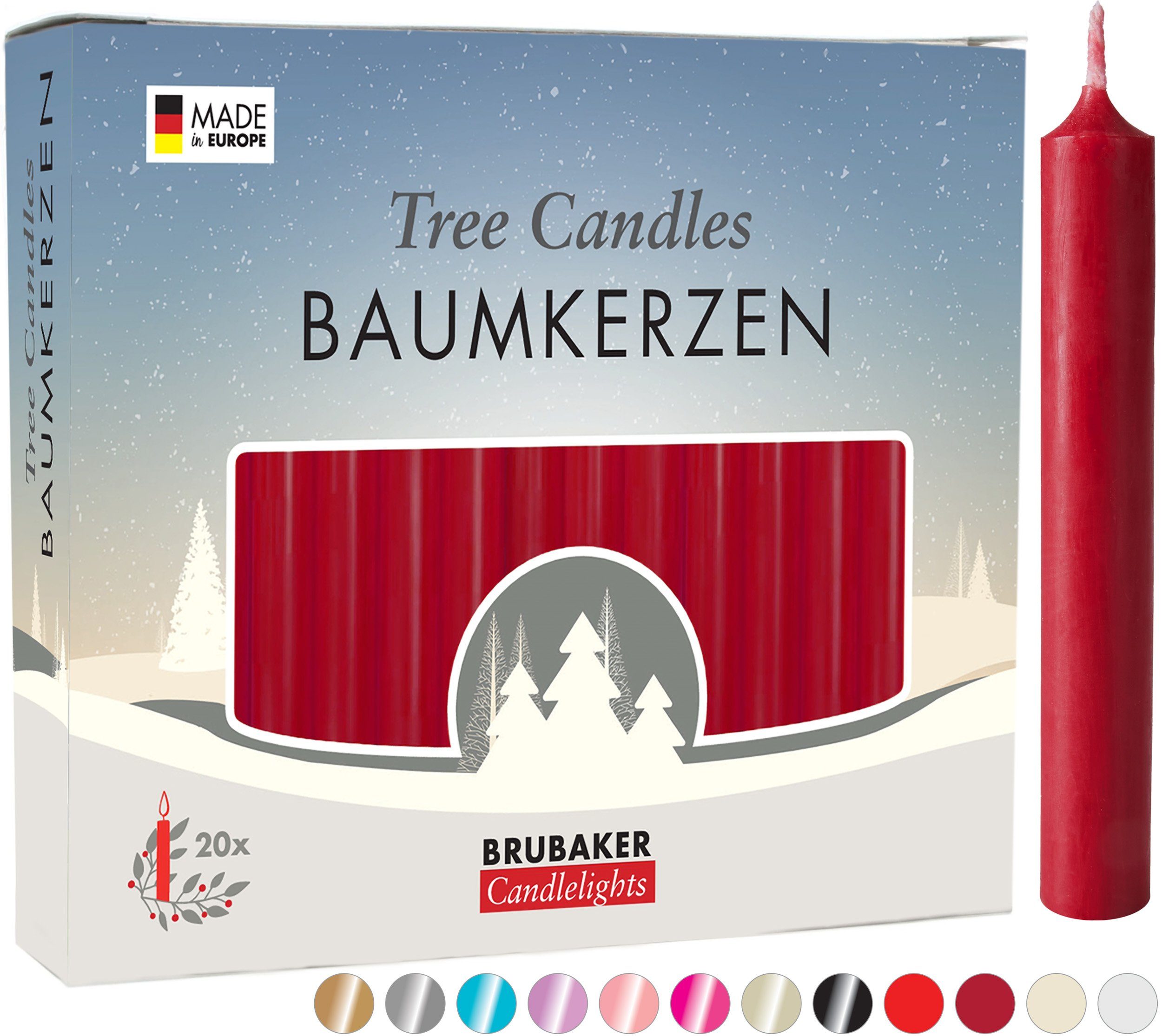 BRUBAKER Tafelkerze Baumkerzen aus Wachs (1 Packung Christbaumkerzen, 20-tlg), rauchfreie und geruchsneutrale Pyramidenkerzen, Wachskerzen für Weihnachtsdekoration, bunte Weihnachtskerzen