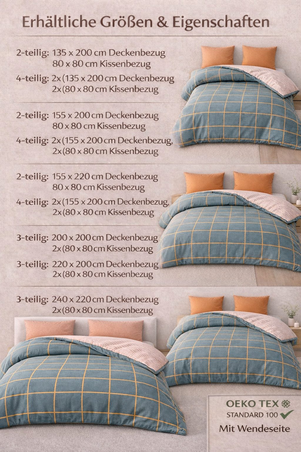 Leonado Vicenti Bettwäsche 100% Baumwolle Grau 135x200, 155x220, 200x200 oder 200x220, Renforcé, 3 teilig, Wendebettwäsche Gepunktet und Gestreift mit Reißversc – Bild 4 von 4