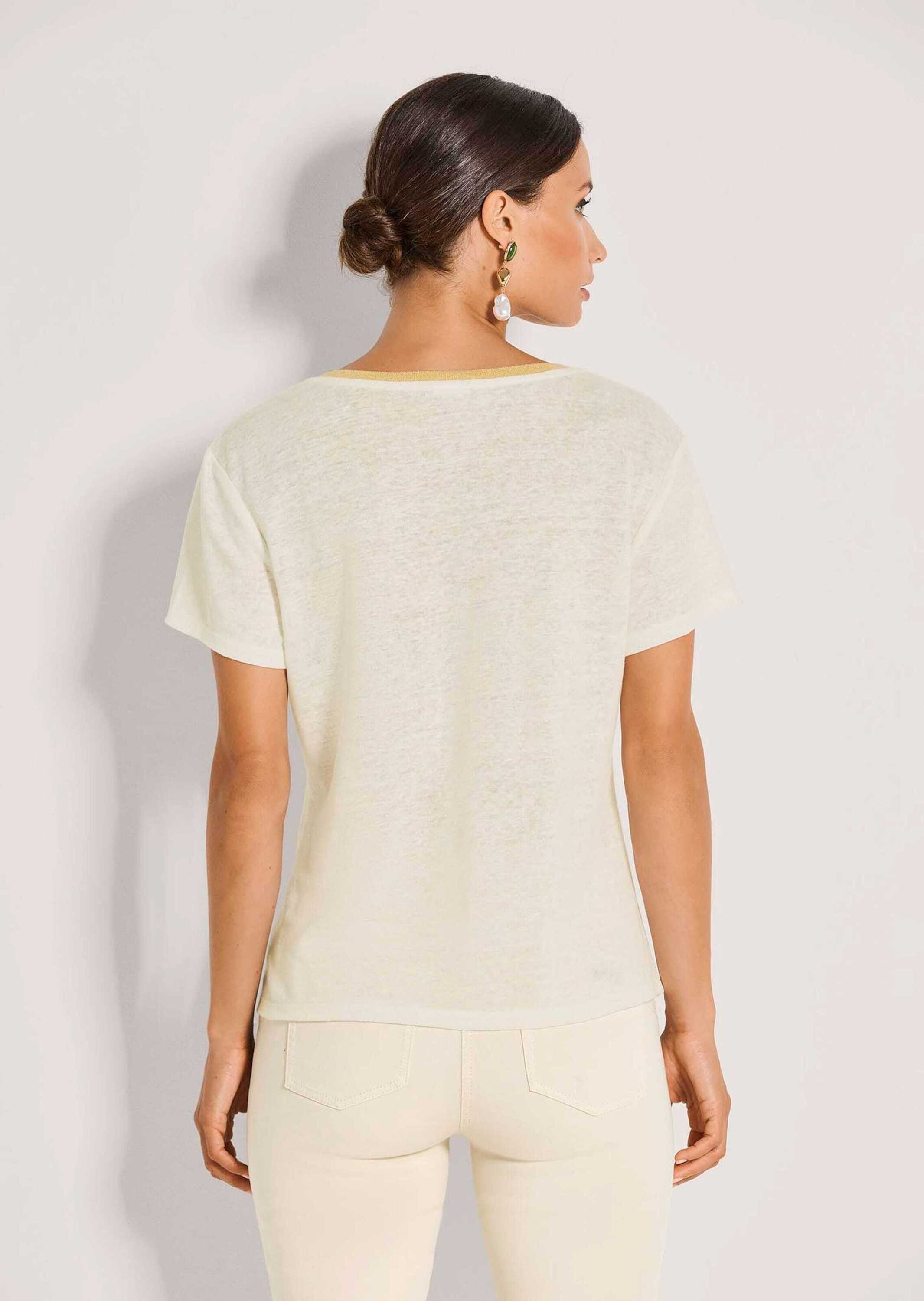 MADELEINE Kurzarmshirt Print-Shirt mit Strass aus Leinen V-Ausschnitt und Printmuster als modische Highlights