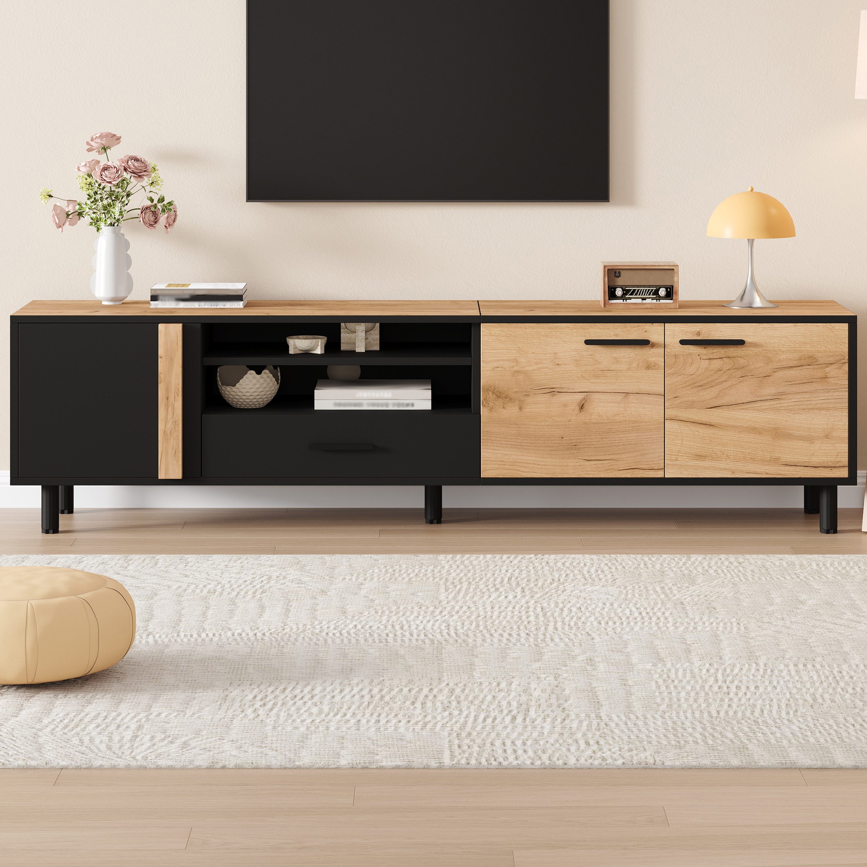 KLAM HOME Lowboard TV-Schrank mit 3 Schränken 1 Schublade 5 Stützbeinen (Holzoptik Schwarz Stauraum Wohnzimmer TV-Ständer), Lowboard TV-Konsole 180x32,5x50cm bi – Bild 4 von 5