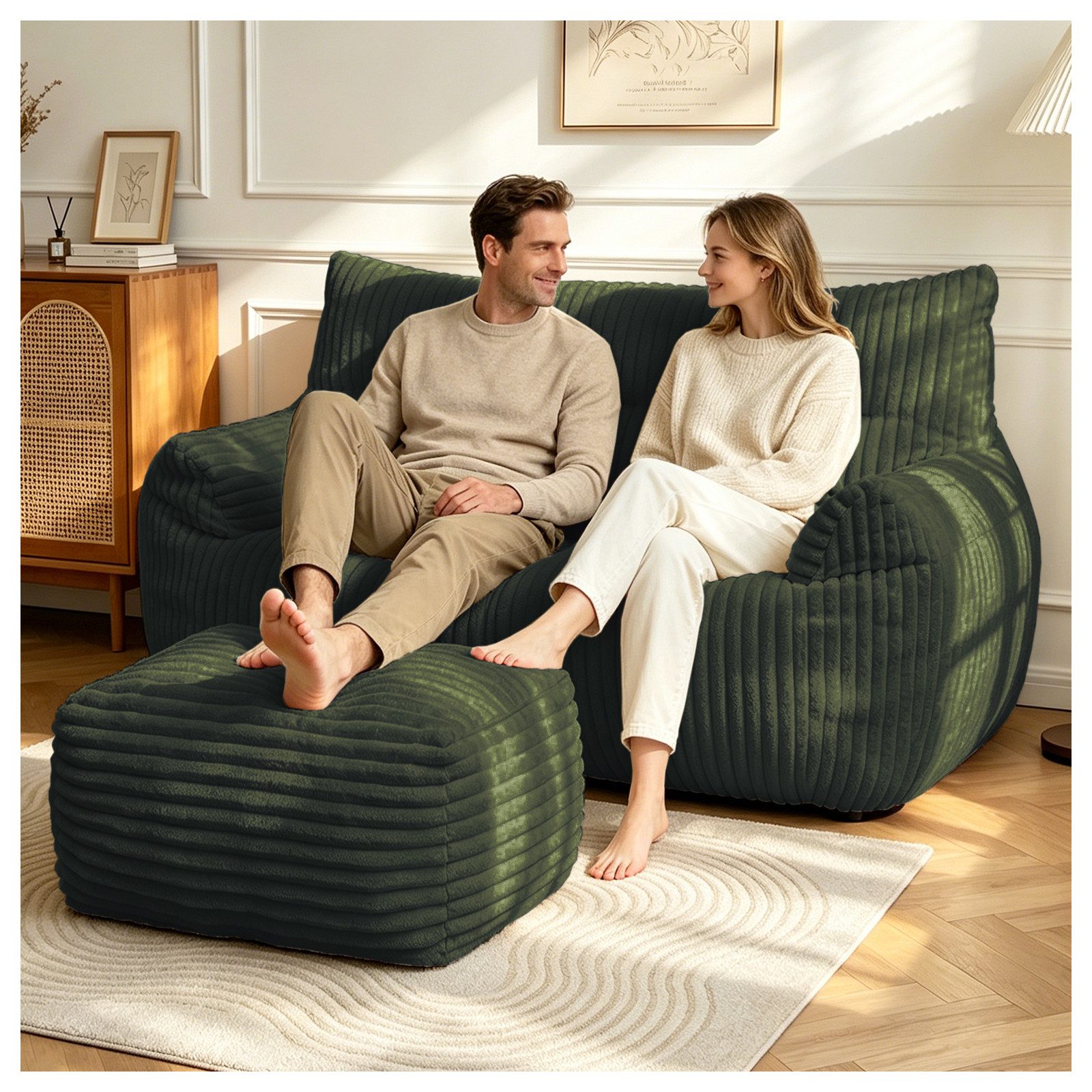 Odikalo 2-Sitzer Sofas wohnzimmer Loungesofa Relaxsessel Sitzsack mit Schlaffunktion, Doppel-Sitzsack mit Hocker–Große Sitzsack-Lounger für Erwachsene Jugendliche und Kinder–Ideal für Wohnzimmer Schlafzimmer Studentenwohnheim oder Balkon