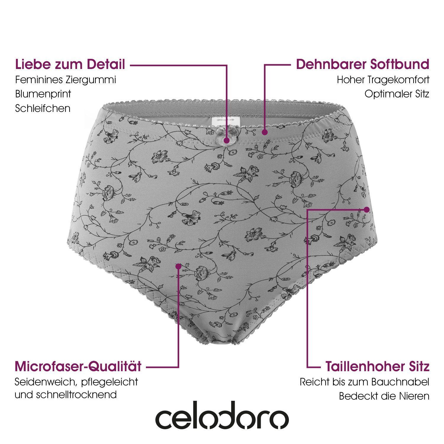 celodoro Taillenslip Damen Taillenslip 6er Pack, Microfaser, Blümchen-Muster